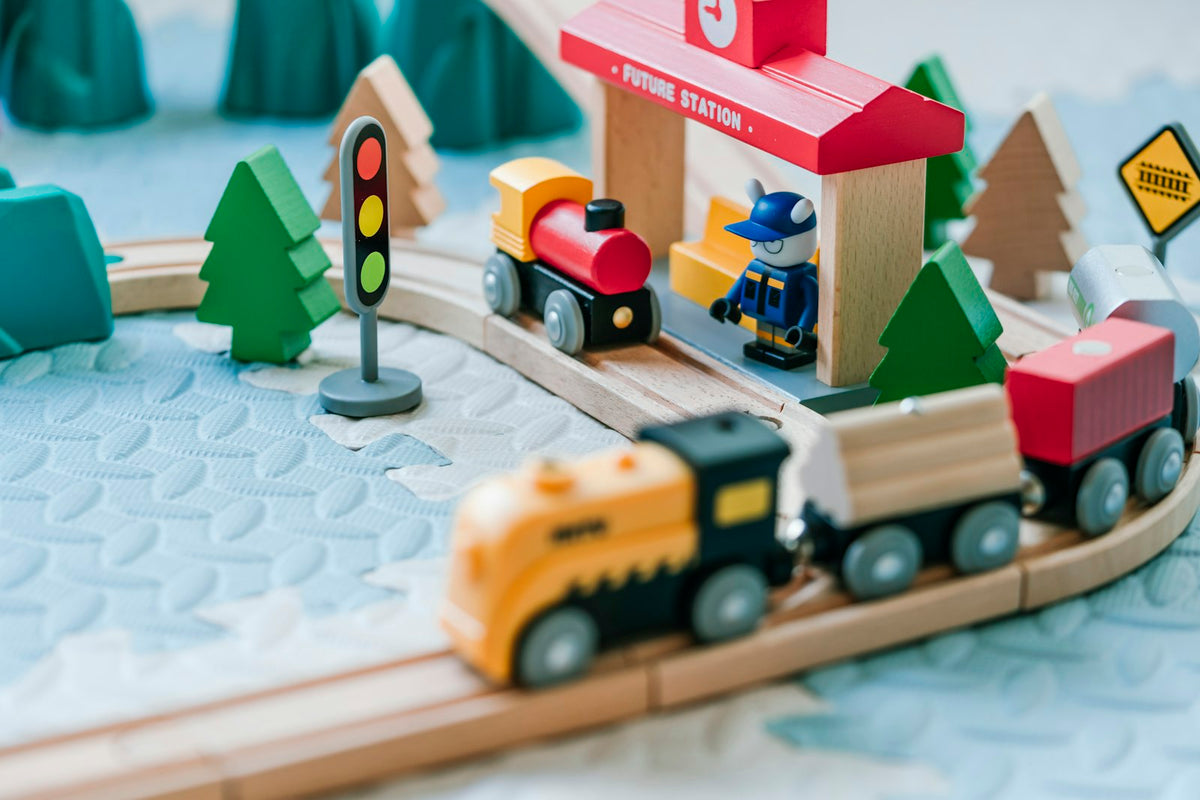 Wooden Montessori toys on a soft neutral background